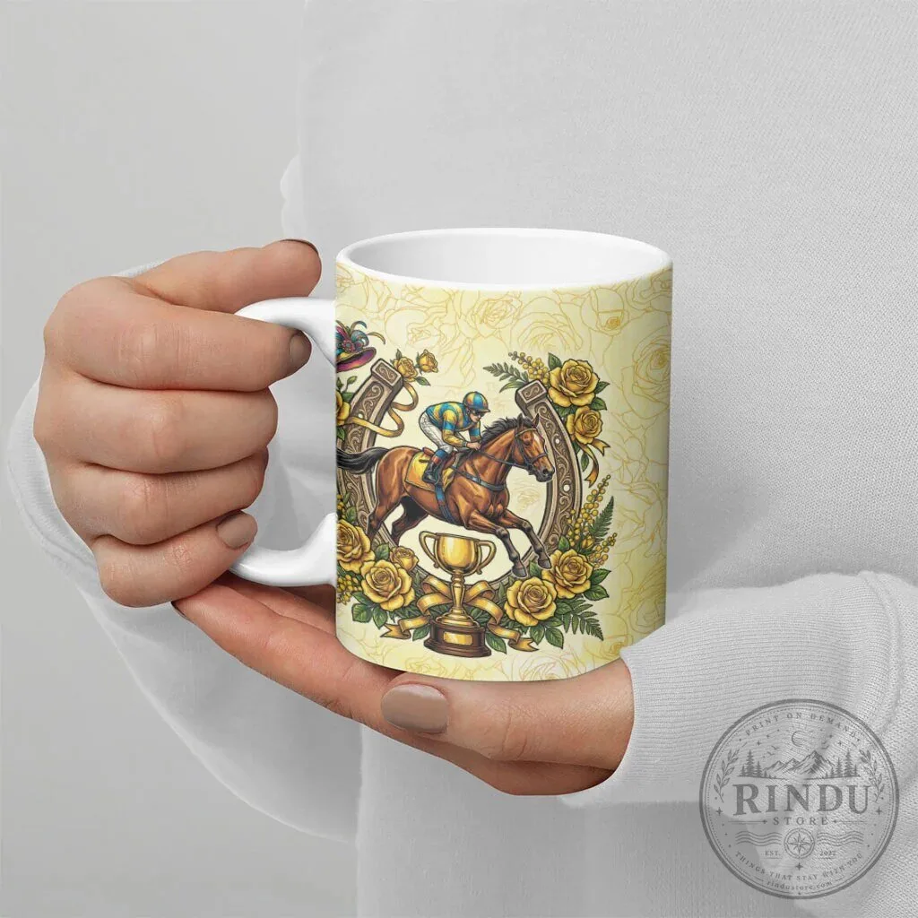 Melbourne Horse Race Ceramic Mug, Australian Floral Horseshoe Yellow Rose Design 15 Melbourne Horse Race Ceramic Mug, Australian Floral Horseshoe Yellow Rose Design