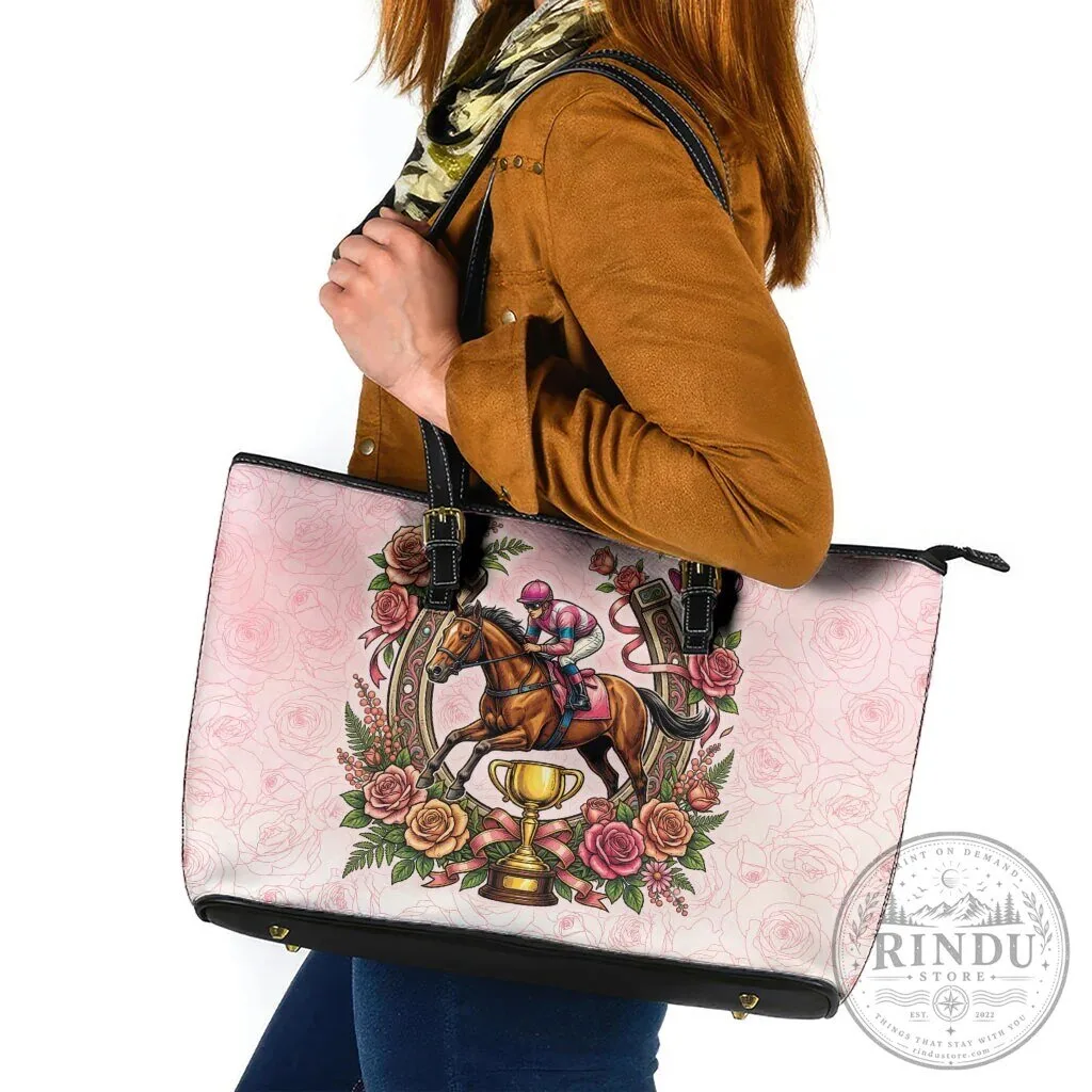 Melbourne Horse Race Jockey Floral Horseshoe Pink Rose Leather Tote Bag