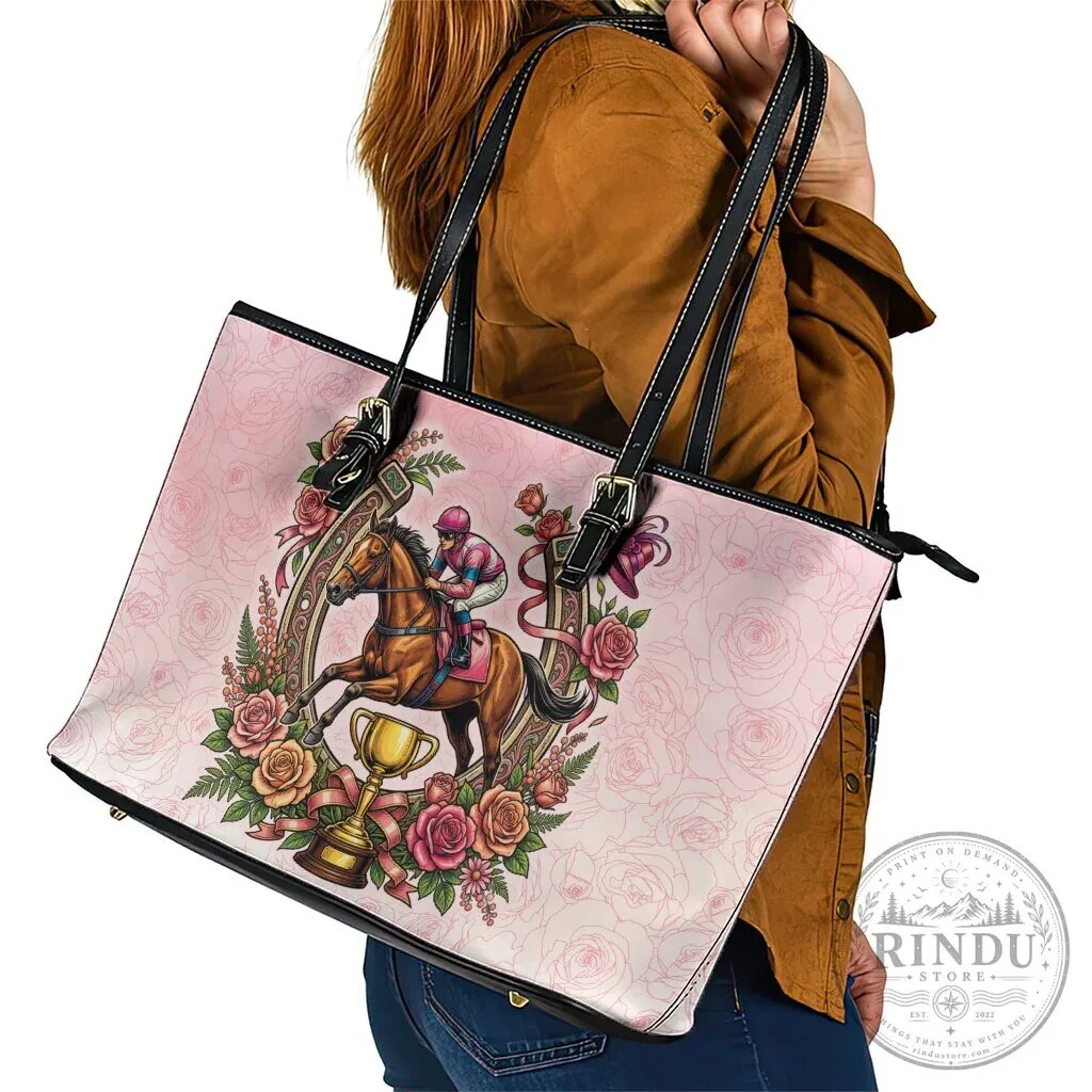 Melbourne Horse Race Jockey Floral Horseshoe Pink Rose Leather Tote Bag 15 Melbourne Horse Race Jockey Floral Horseshoe Pink Rose Leather Tote Bag