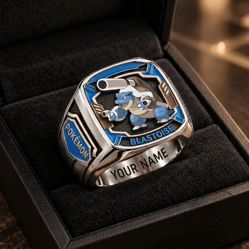 Blastoise Pokemon Silver and Blue Engraved Championship Ring