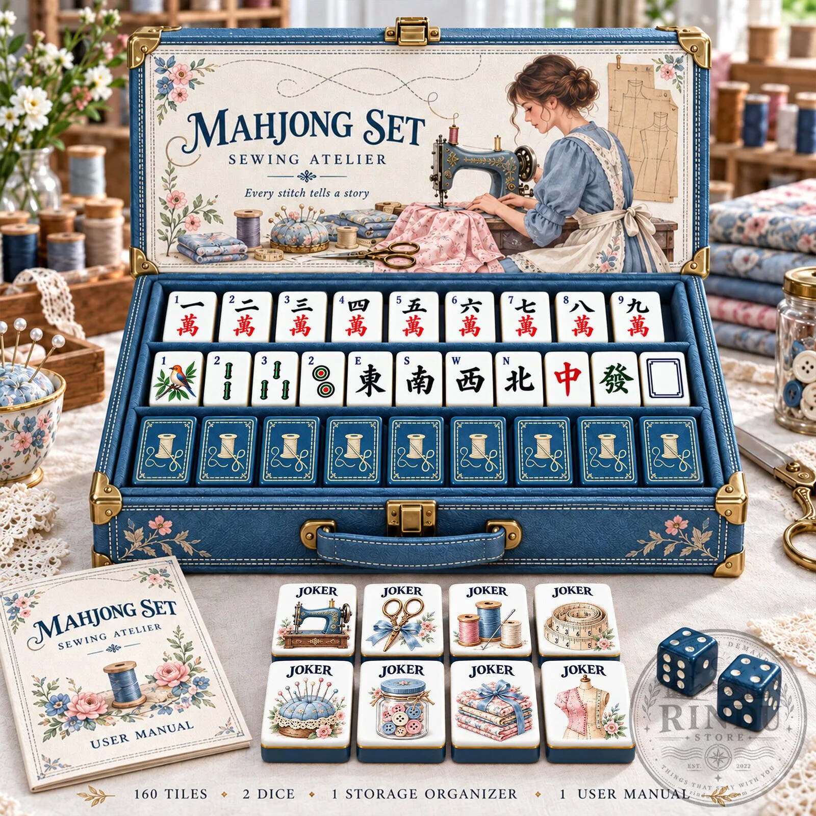 Mahjong Set Sewing Atelier with 160 Tiles, Dice, and Storage Organizer 2 Mahjong Set Sewing Atelier with 160 Tiles, Dice, and Storage Organizer