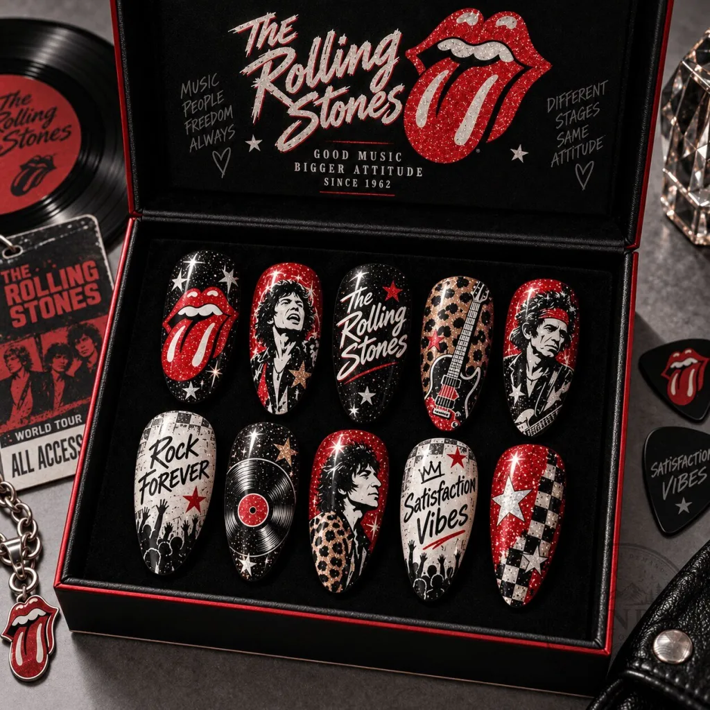 The Rolling Stones Tongue Logo and Leopard Print Press-On Nail Set The Rolling Stones Tongue Logo and Leopard Print Press-On Nail Set