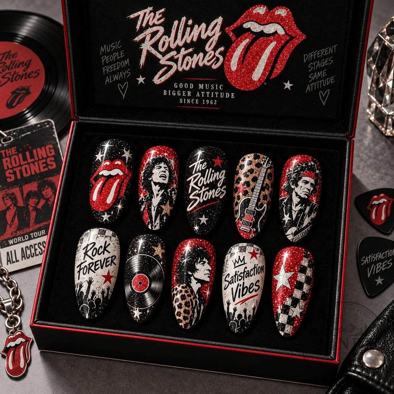 The Rolling Stones Tongue Logo and Leopard Print Press-On Nail Set