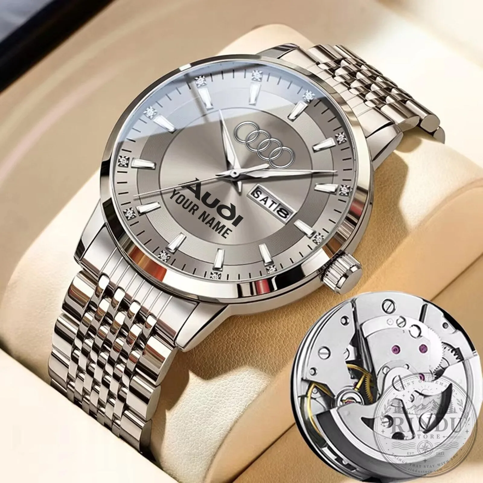 Audi Custom Name Elegant Fashion Design Silver Stainless Steel Watch