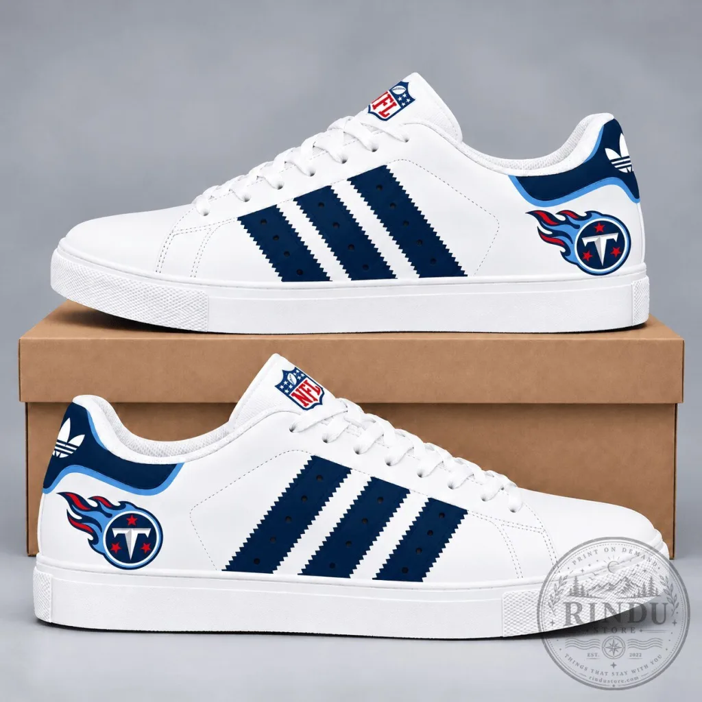 Tennessee Titans NFL Team Logo White and Navy Blue Stripes Sneakers Shoes Tennessee Titans NFL Team Logo White and Navy Blue Stripes Sneakers Shoes