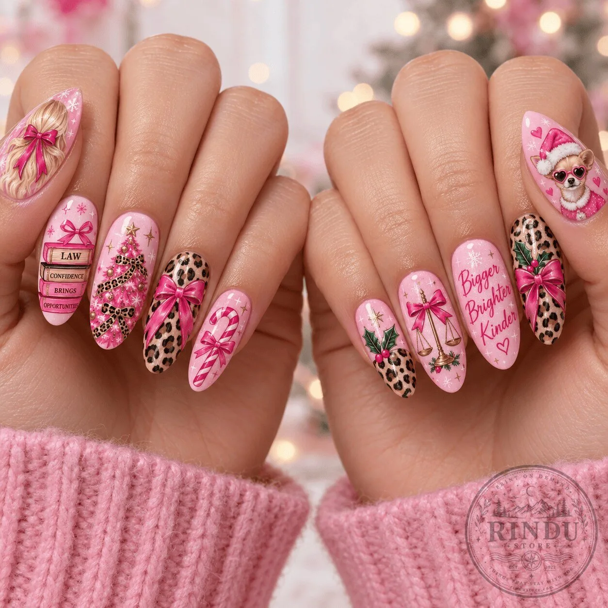 Christmas Holiday Press On Nails Set featuring Pink Bows and Leopard Print from Legally Blonde