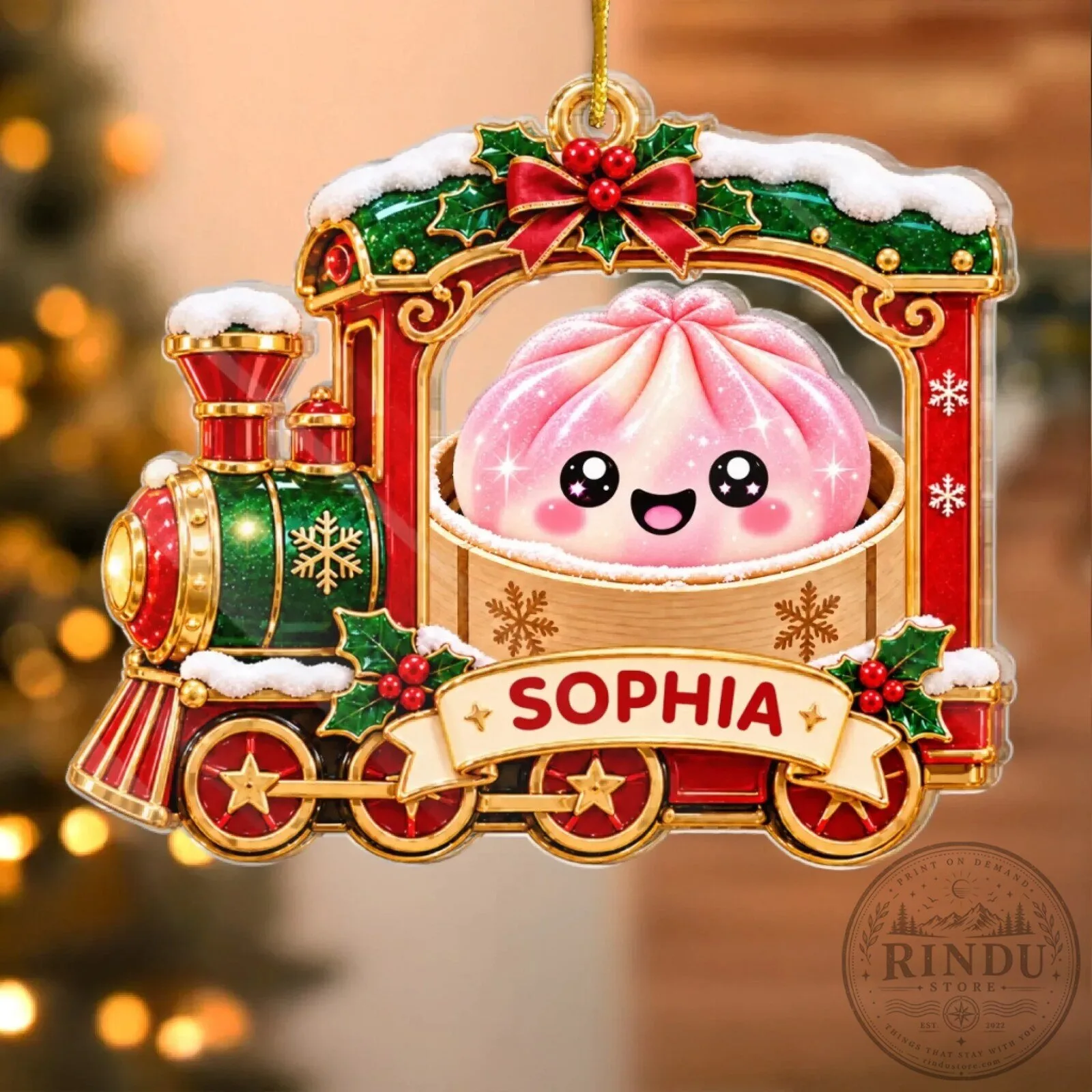 Personalized Squishy Dumpling Christmas Train Ornament, Custom Name Holiday Decoration