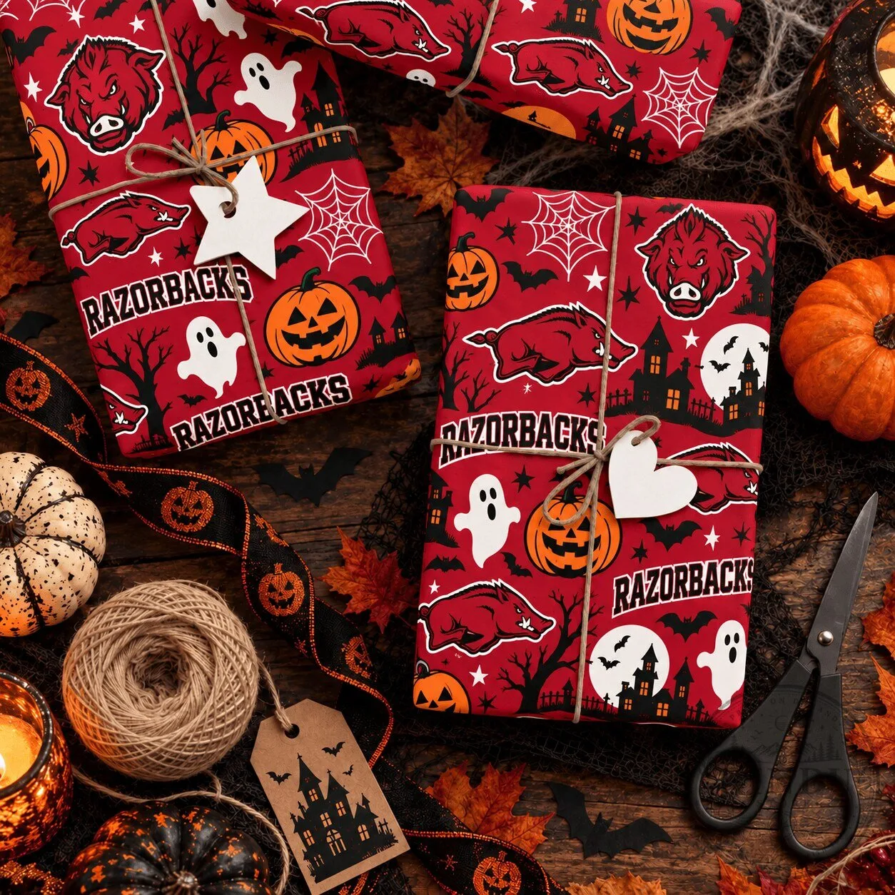 Arkansas Razorbacks Halloween Pumpkin Ghost Pattern Premium Wrapping Paper