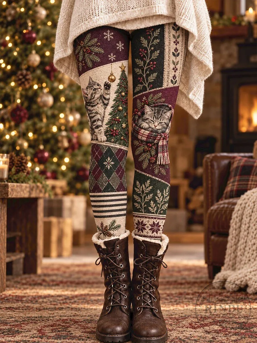 Christmas Kitten and Winter Floral Pattern Women's Cozy Leggings 1 Christmas Kitten and Winter Floral Pattern Women's Cozy Leggings