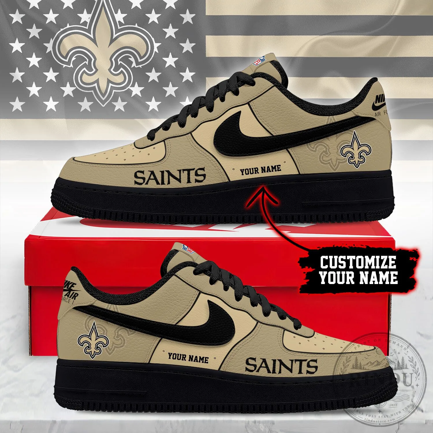 New Orleans Saints Custom Name Black and Gold Football Team Sneakers Shoes
