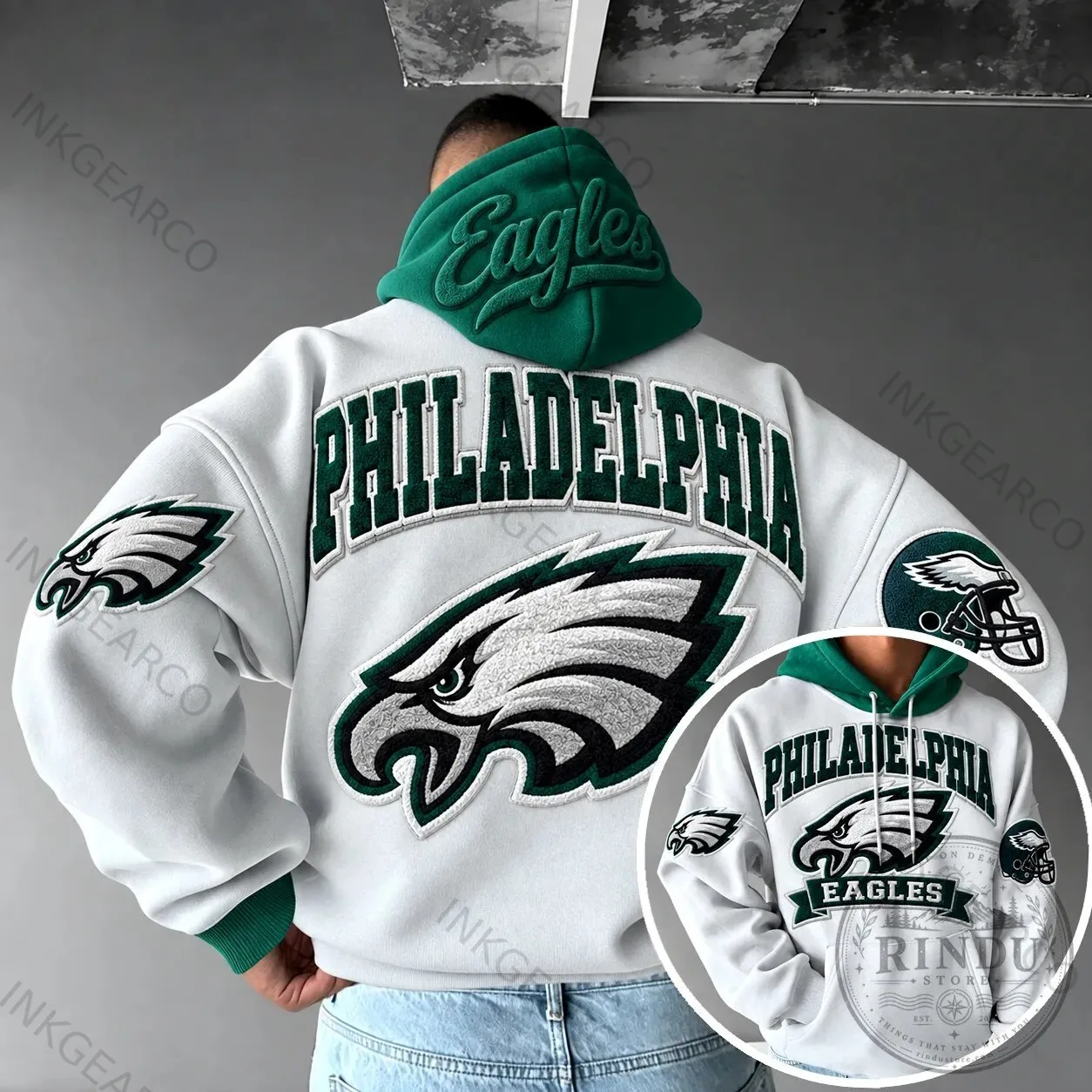 Philadelphia Eagles Embroidered Logo White and Green Pullover Hoodie 2 Philadelphia Eagles Embroidered Logo White and Green Pullover Hoodie