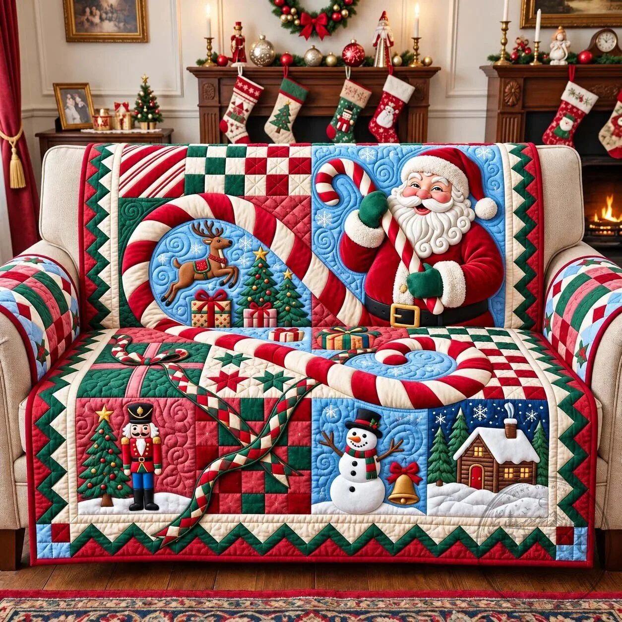 Christmas Santa Claus Candy Cane Quilted Sofa Cover for Holiday Home Decor