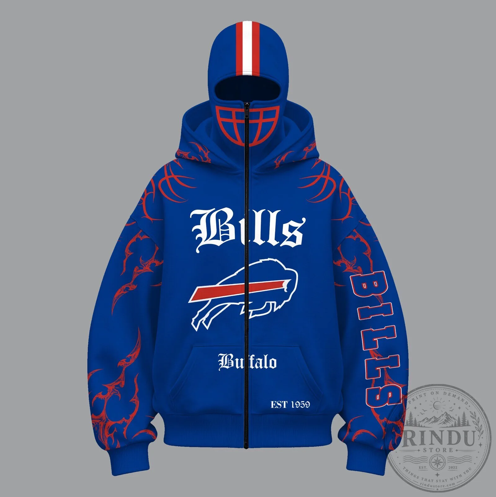 Buffalo Bills Full-Zip Hoodie with Helmet Mask and Tribal Arm Graphics