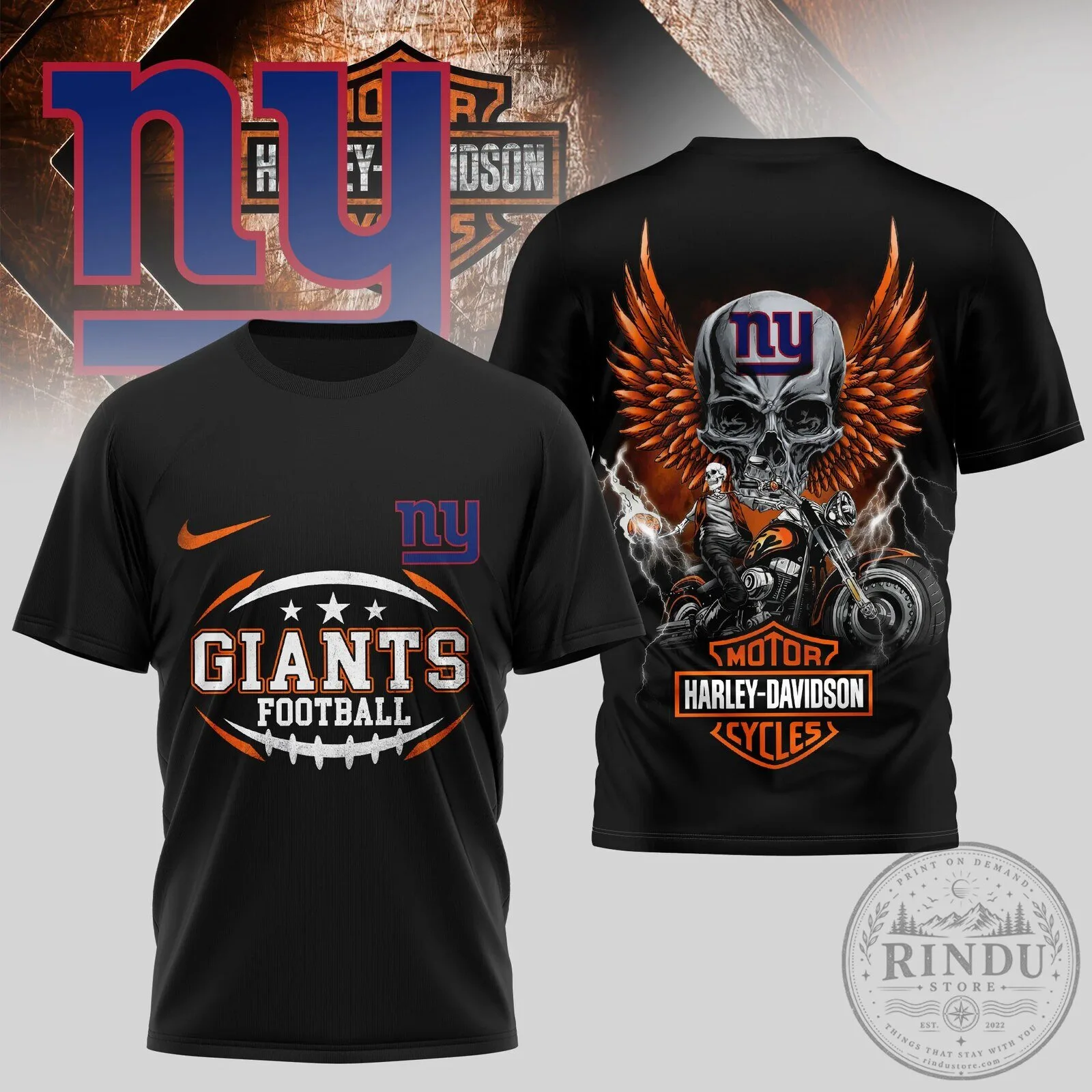 New York Giants Harley-Davidson Motorcycle Skull Graphic Black T-Shirt