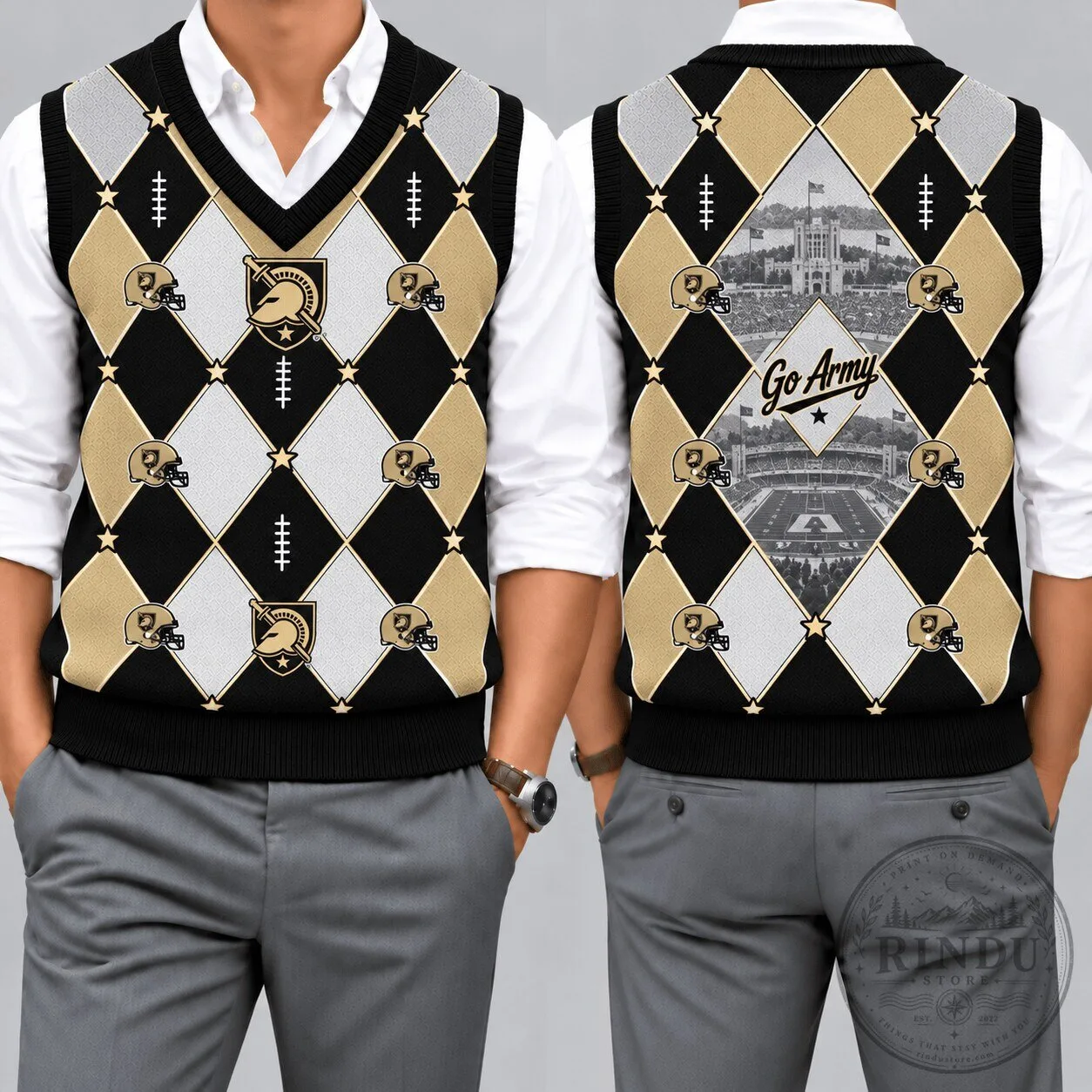 Army Black Knights Football Team Argyle V-Neck Sleeveless Knit Vest 1 Army Black Knights Football Team Argyle V-Neck Sleeveless Knit Vest