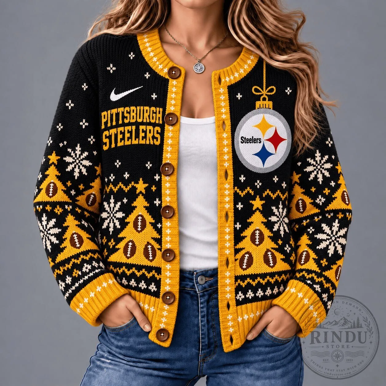 Pittsburgh Steelers Christmas Ugly Sweater Cardigan with Snowflake and Football Tree Pattern