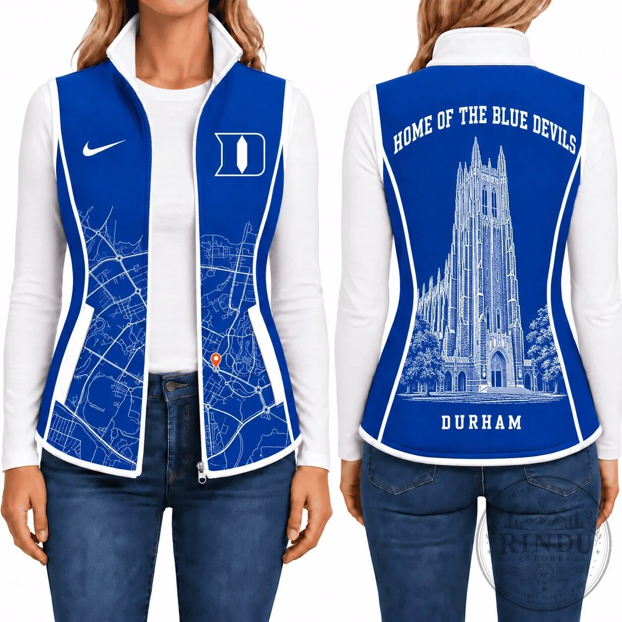 Duke Blue Devils Women's Full-Zip Vest with Durham Map and Chapel Design