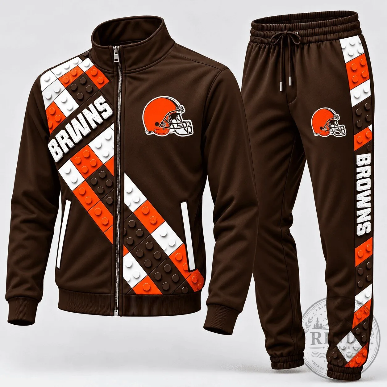 Cleveland Browns Football Team Brown and Orange Block Fusion Tracksuit Hoodie