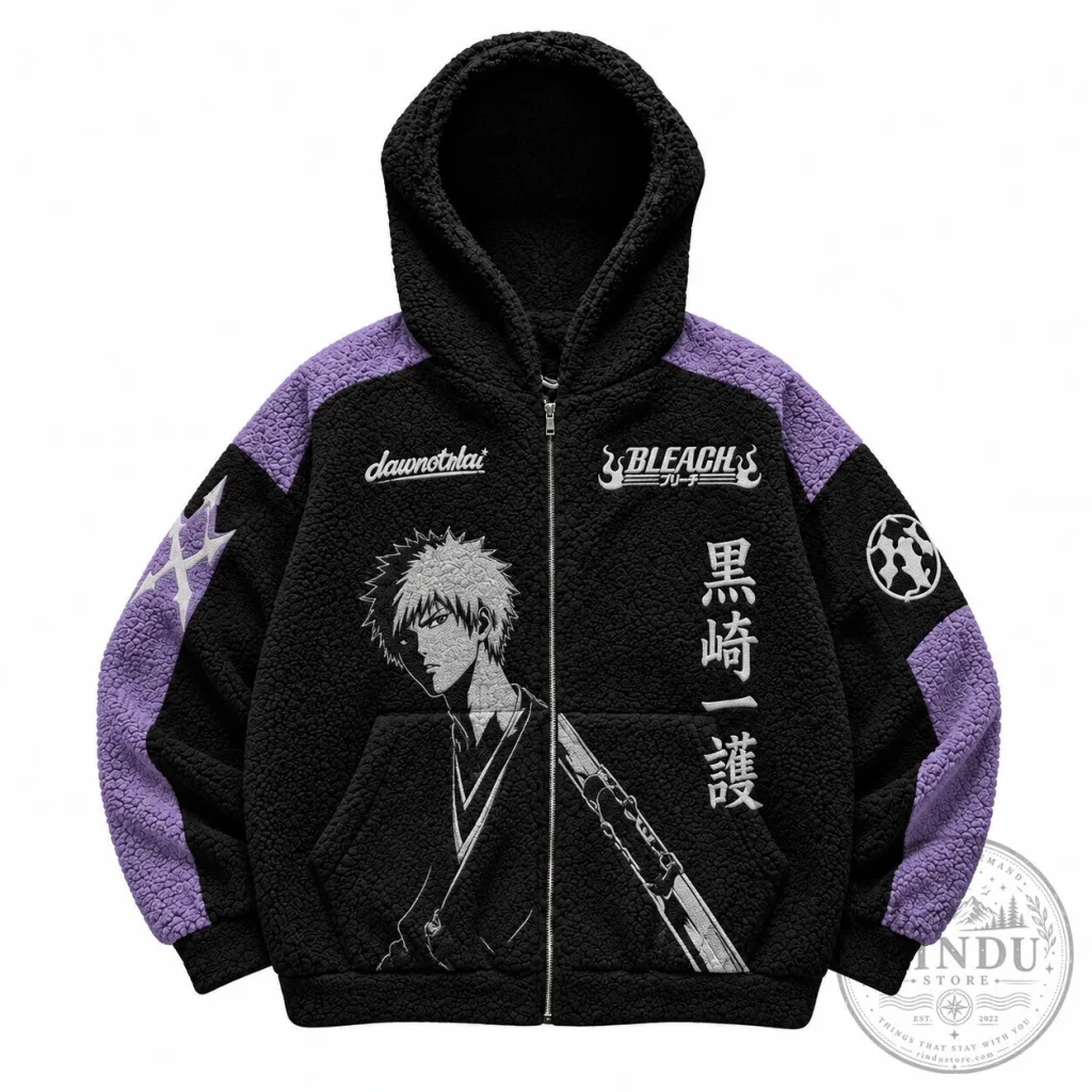 Bleach Ichigo Kurosaki Anime Manga Sherpa Fleece Zip-Up Hoodie Bleach Ichigo Kurosaki Anime Manga Sherpa Fleece Zip-Up Hoodie