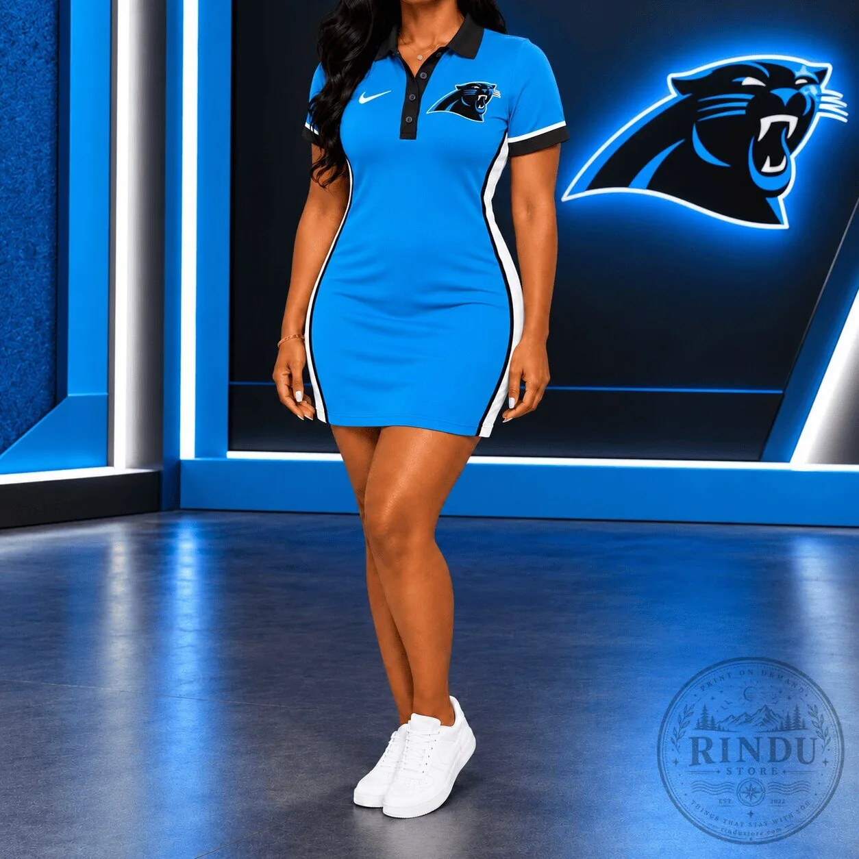 Carolina Panthers Women's Blue Polo Dress with Black Collar and White Trim