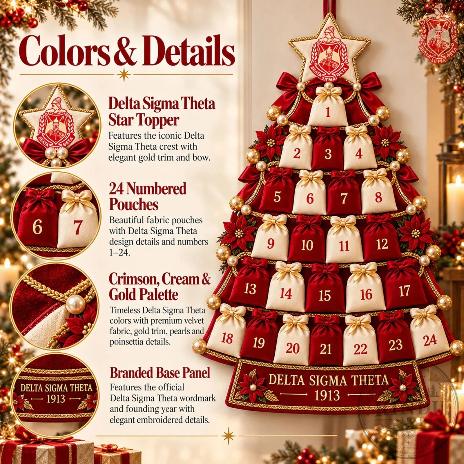 Christmas Tree Advent Calendar featuring 24 Pouches for Delta Sigma Theta Sorority