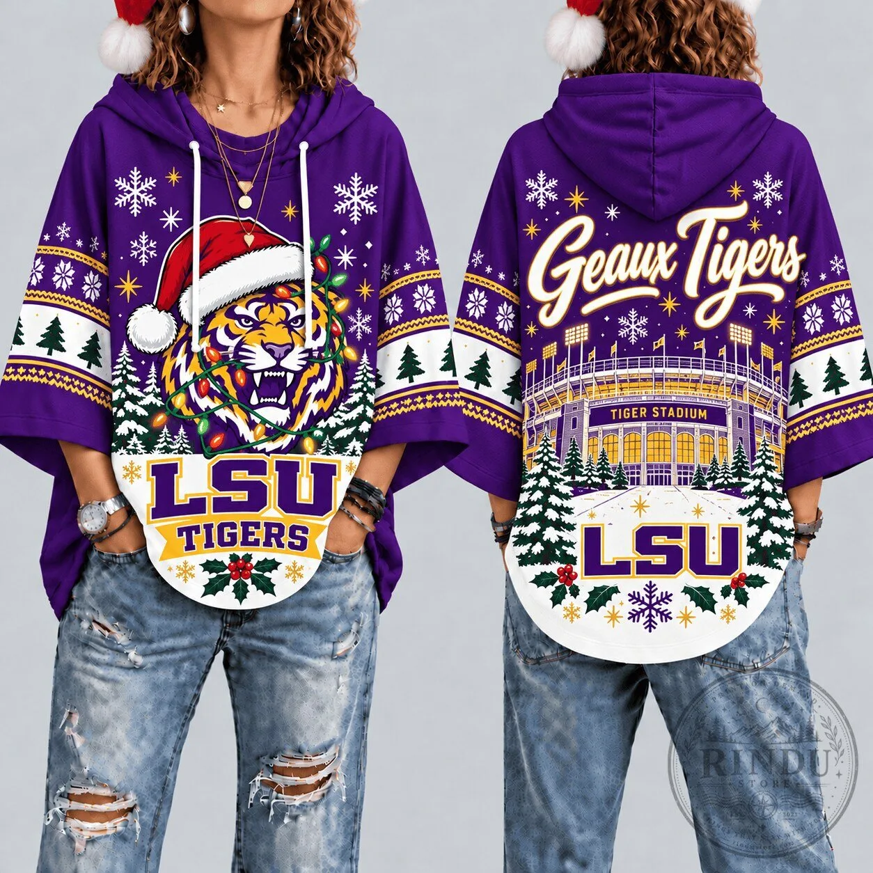 LSU Tigers Christmas Ugly Sweater Style Hooded Poncho Top for Women 2 LSU Tigers Christmas Ugly Sweater Style Hooded Poncho Top for Women