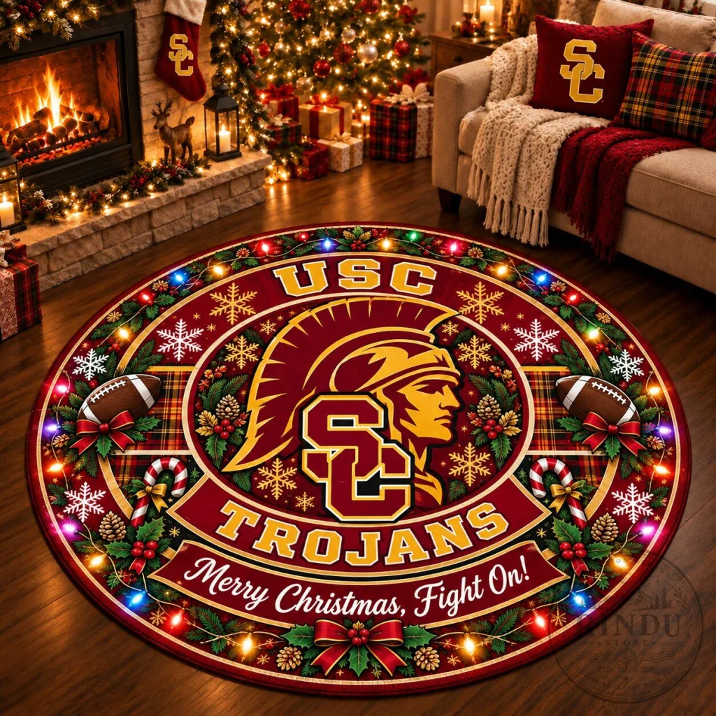 USC Trojans Christmas Holiday Round Rug - Merry Christmas Fight On Floor Mat USC Trojans Christmas Holiday Round Rug - Merry Christmas Fight On Floor Mat