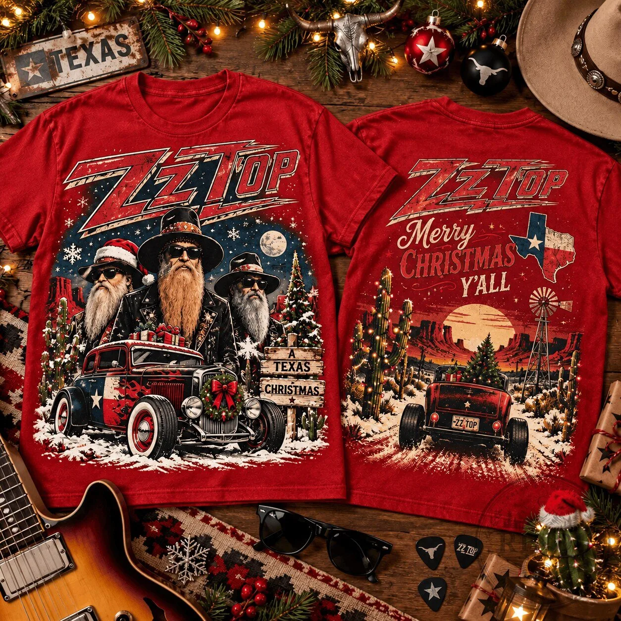 Texas Christmas Hot Rod Tee featuring ZZ Top Design 6 Texas Christmas Hot Rod Tee featuring ZZ Top Design