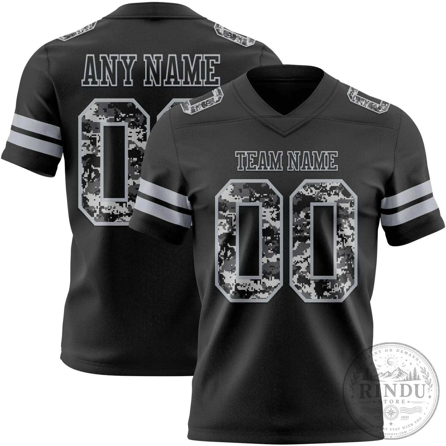 Custom Black Gray Digital Camouflage Football Jersey with Team Name and Number