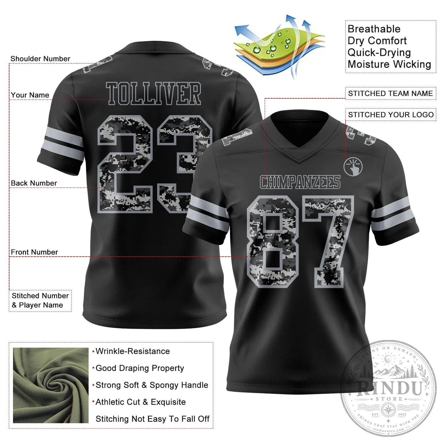 Custom Black Gray Digital Camouflage Football Jersey with Team Name and Number 8 Custom Black Gray Digital Camouflage Football Jersey with Team Name and Number