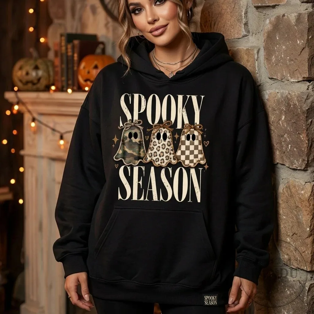 Spooky Season Patterned Ghosts Halloween Graphic Black Hoodie