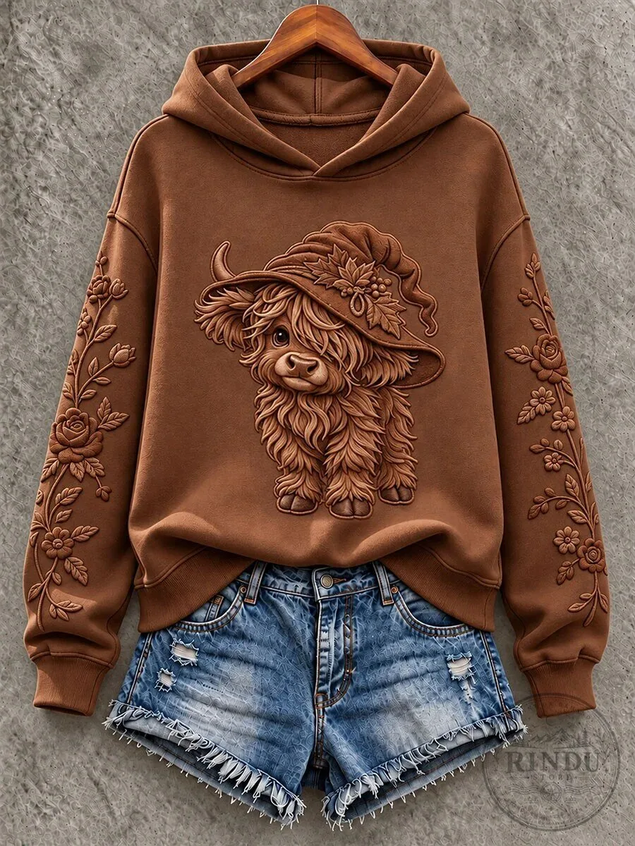 Cute Highland Cow Wearing Hat Embroidered Brown Hoodie 3 Cute Highland Cow Wearing Hat Embroidered Brown Hoodie