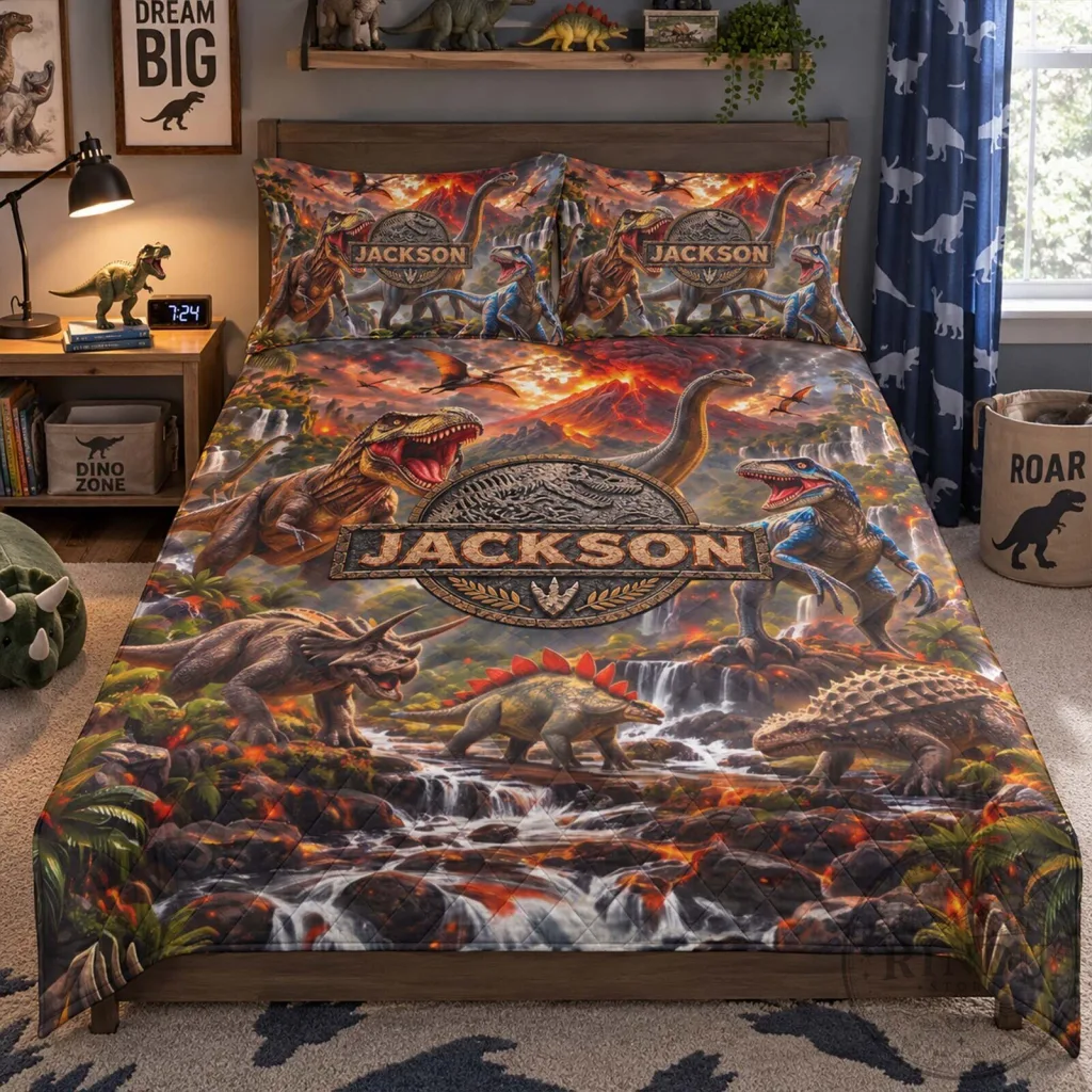 Personalized Jurassic Park Dinosaur Volcano Scene Quilted Bedding Set Personalized Jurassic Park Dinosaur Volcano Scene Quilted Bedding Set