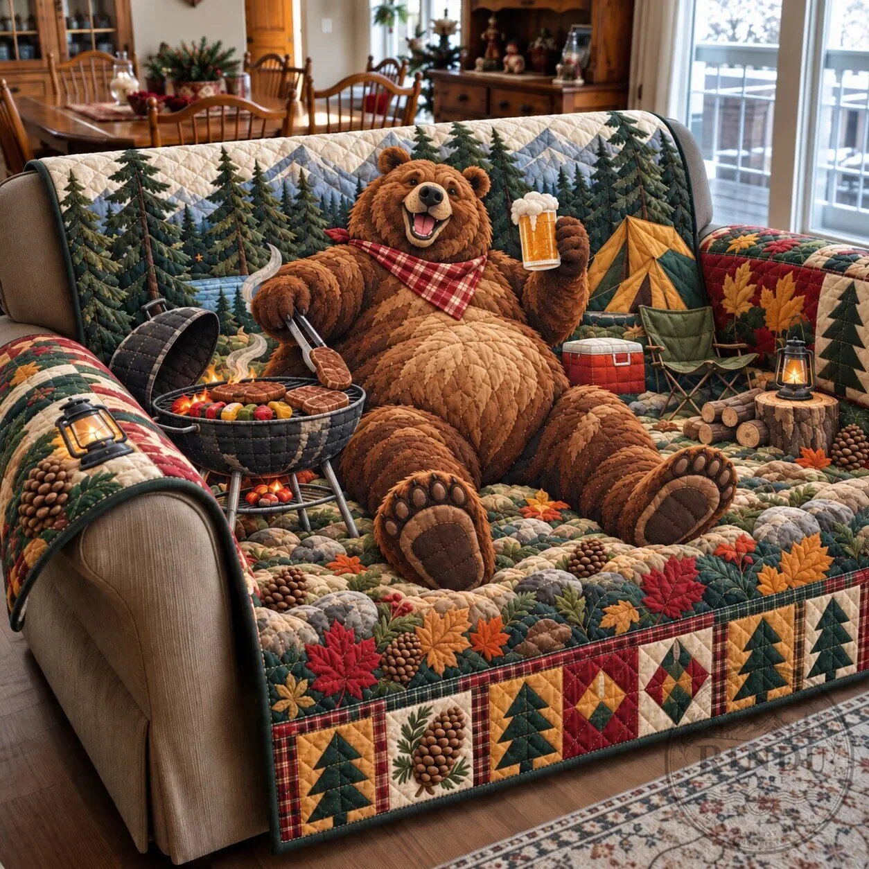 Grizzly Bear Barbecue Camping Mountain Forest Quilted Sofa Cover