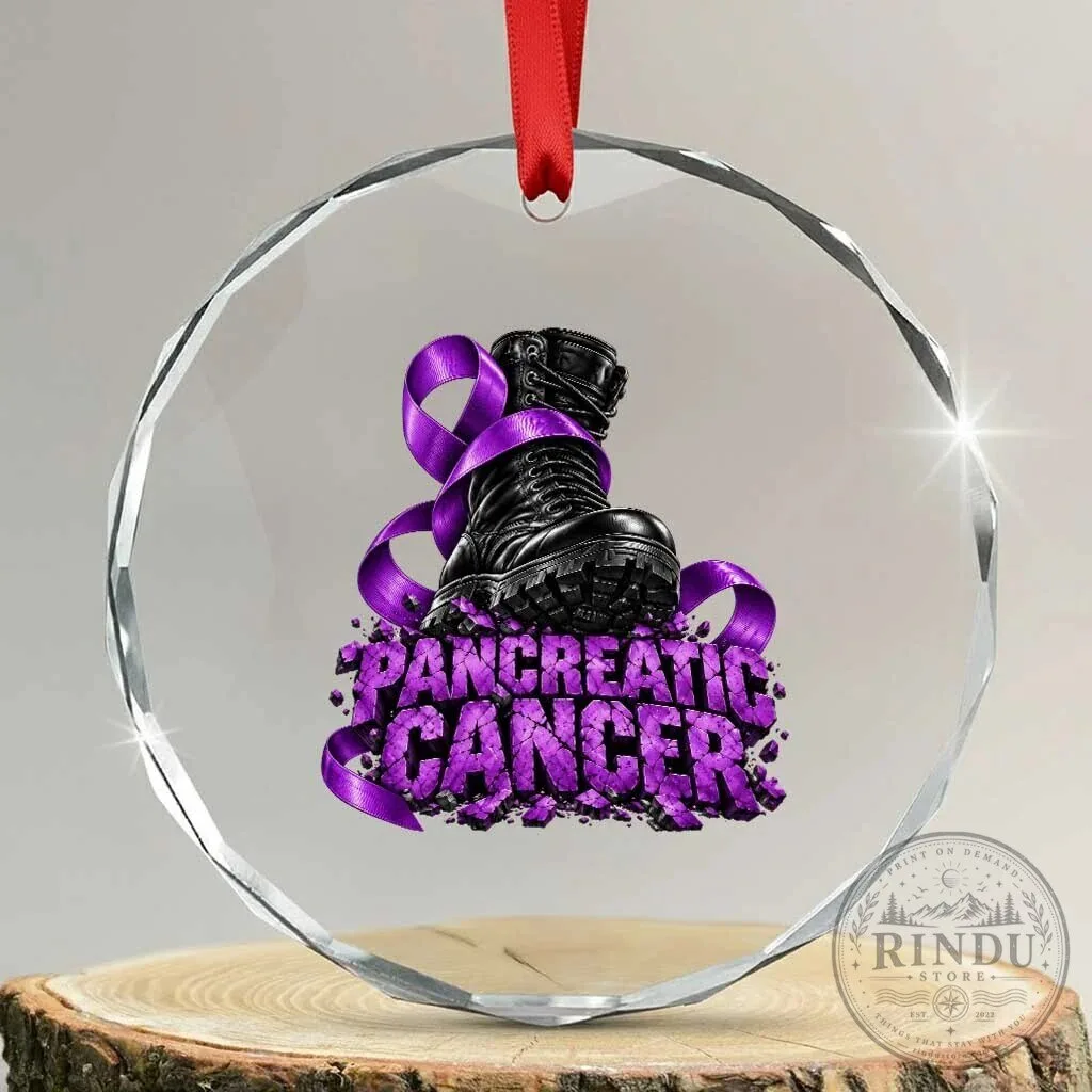 Pancreatic Cancer Awareness Purple Ribbon Combat Boot Crystal Glass Ornament