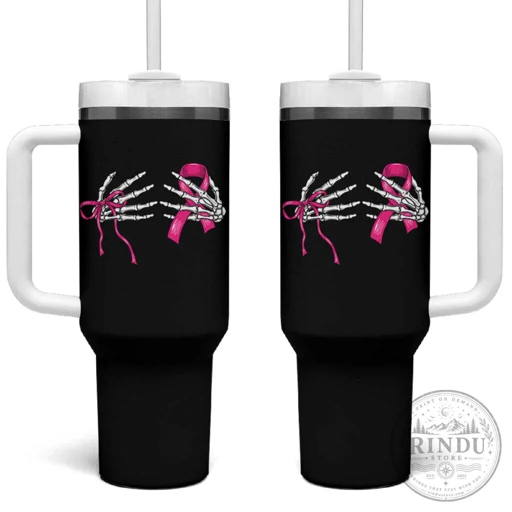 Breast Cancer Awareness Pink Ribbon Skeleton Hands Halloween Tumbler with Handle 2 Breast Cancer Awareness Pink Ribbon Skeleton Hands Halloween Tumbler with Handle