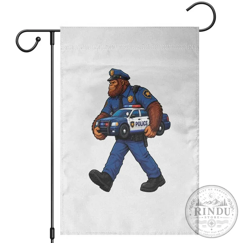 Bigfoot Police Officer Carrying Patrol Car Funny Cryptid Garden Flag