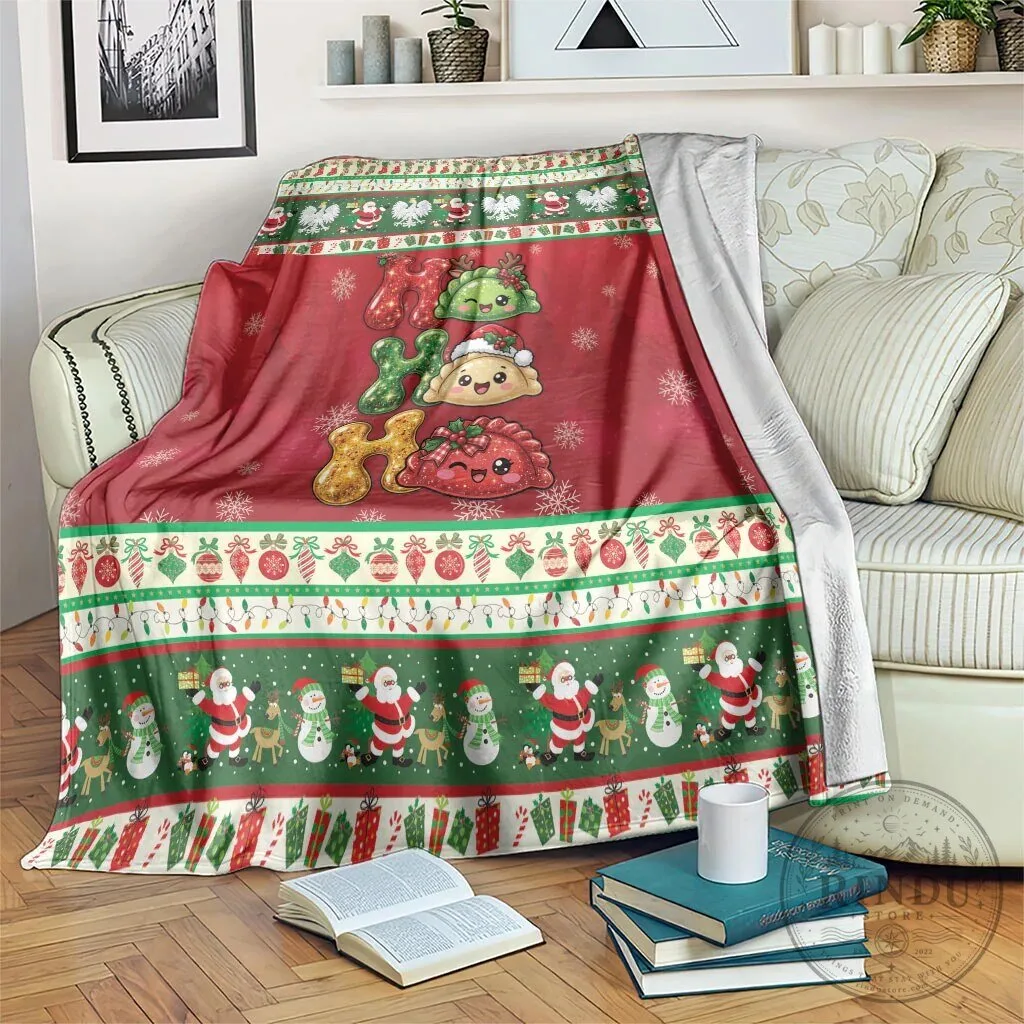 Poland Christmas Ho Ho Ho Squishy Pierogi Holiday Fleece Blanket
