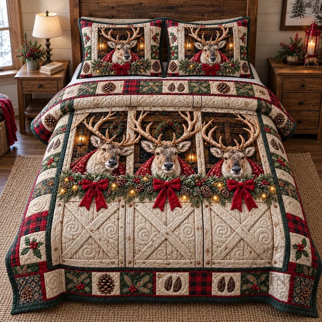 Christmas Deer Barn Quilted Bedding Set with Festive Holiday Decor Christmas Deer Barn Quilted Bedding Set with Festive Holiday Decor