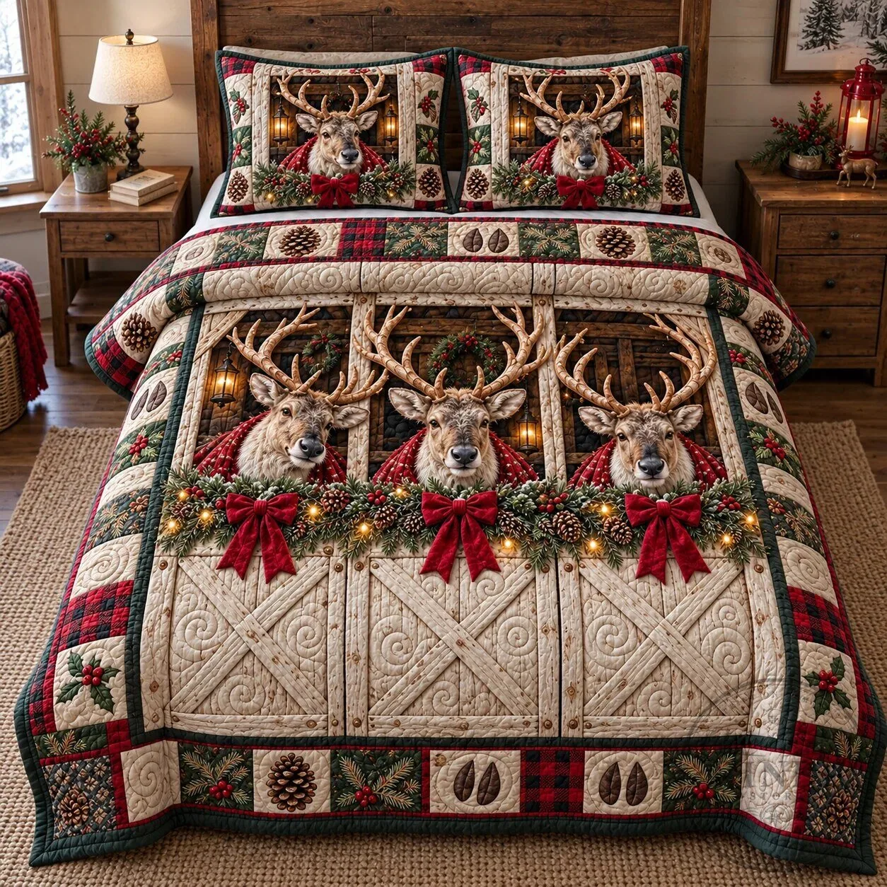 Christmas Deer Barn Quilted Bedding Set with Festive Holiday Decor