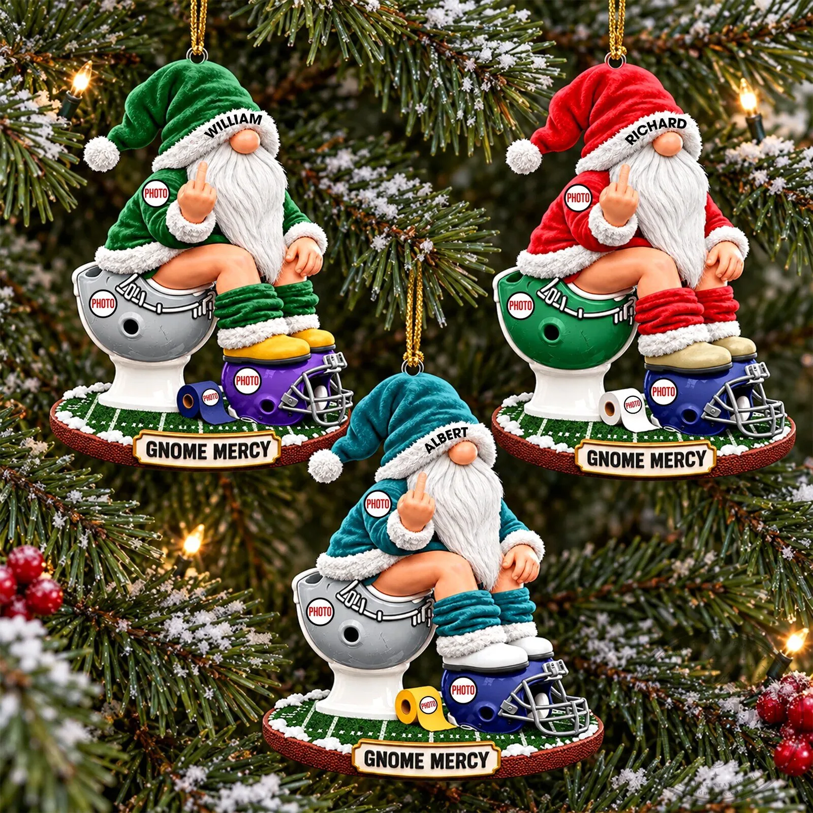 Personalized Football Gnome Sitting on Toilet Christmas Tree Ornament