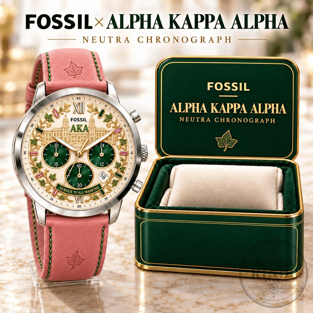 Alpha Kappa Alpha Sorority Fossil Neutra Chronograph Watch with Pink Leather Strap