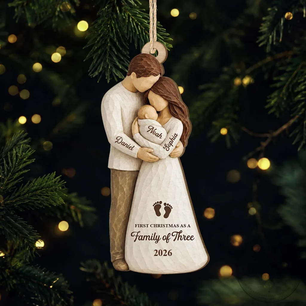 First Christmas As A Family Of Three Personalized Wood Christmas Ornament First Christmas As A Family Of Three Personalized Wood Christmas Ornament