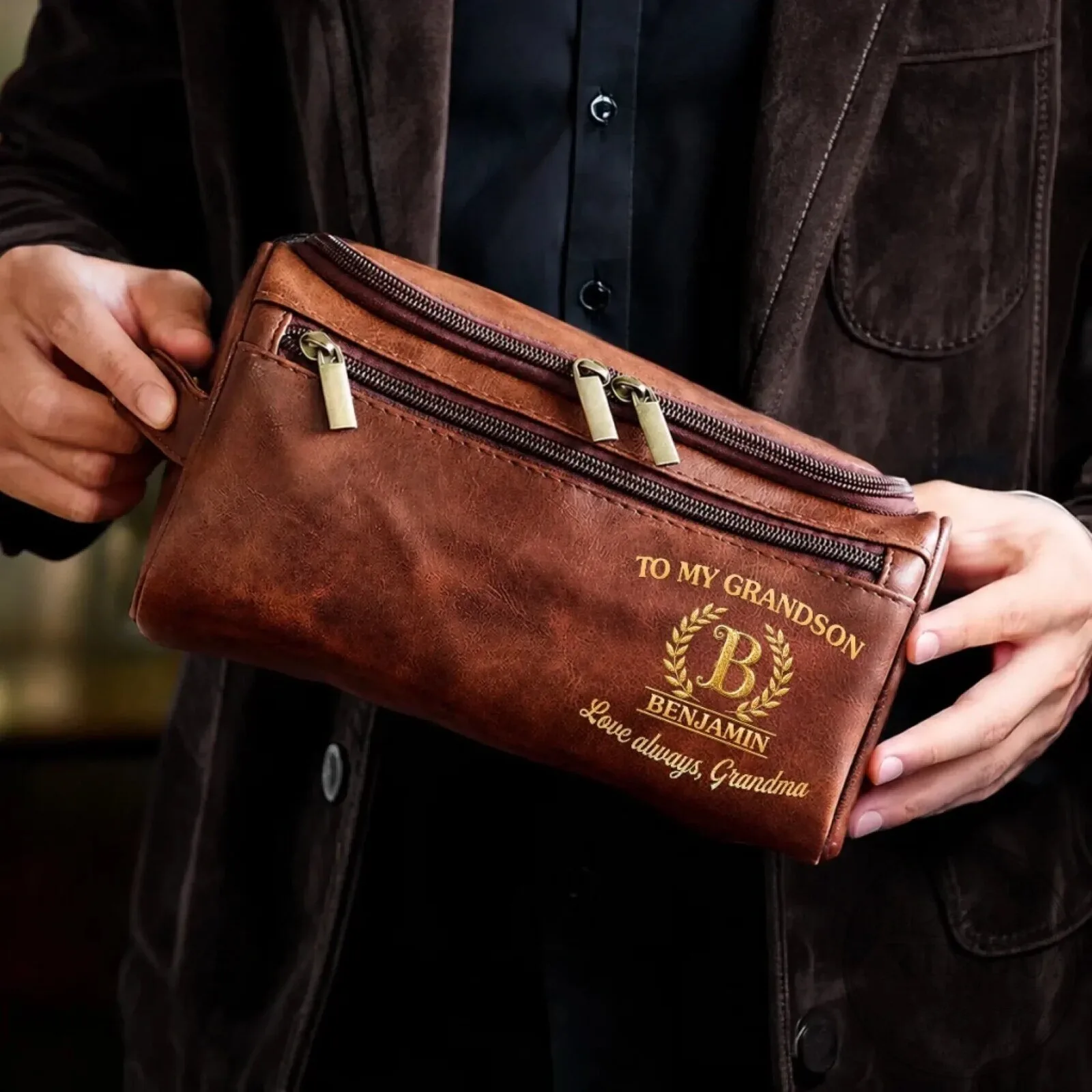 Personalized To My Grandson Benjamin Leather Toiletry Bag Gift from Grandma 7 Personalized To My Grandson Benjamin Leather Toiletry Bag Gift from Grandma
